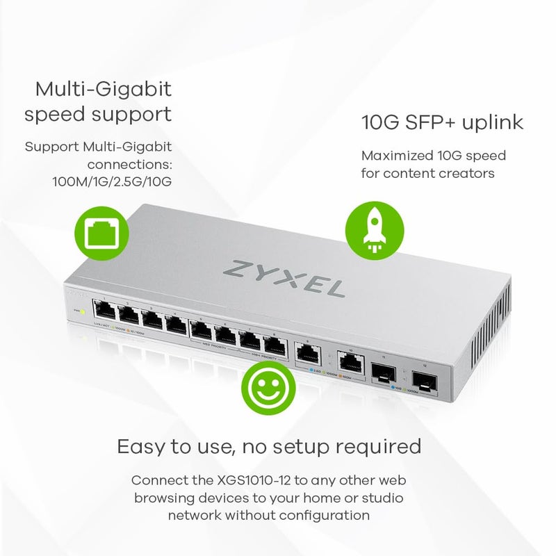 Zyxel 12-Port Multi-Gig Unmanaged Switch | 2X 2.5G | 2X 10G SFP+ | Desktop/Wallmount [XGS1010-12] - Image 2